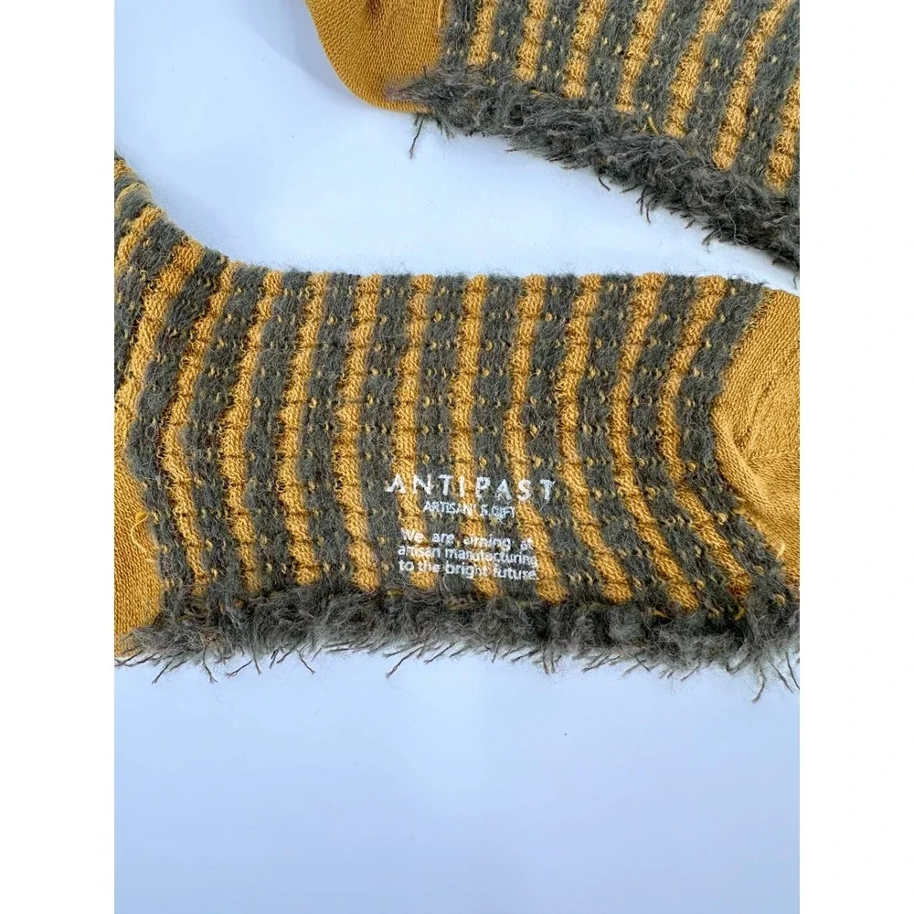 Antipast Fringe Striped Socks Mustard Khaki Wool Blend Made in Japan NEW